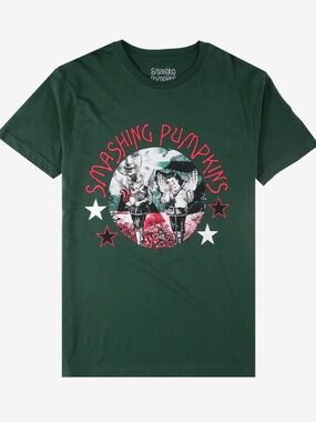 Hot Topic Dark Green Smashing Pumpkins Graphic Tee with Pink and White Accents